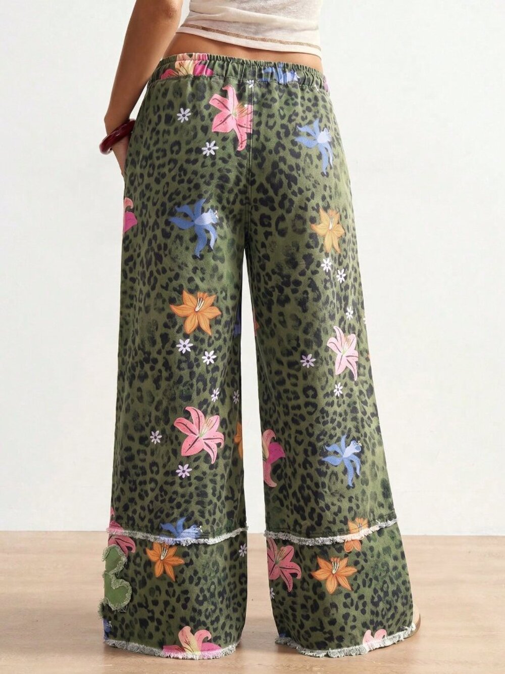 Army Green Casual Women's Leopard Print Floral Wide Leg Loose Long Pants - Picture 2 of 7